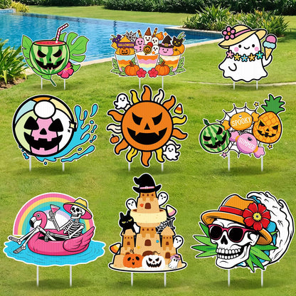 SiliFine 9 Pcs Summer Halloween Yard Decor Signs with Stakes Outdoor Plastic Lawn Decorations, Skeleton Ghost Pumpkin Beach Sand Themed for Summer Halloween Party Garden Decorations