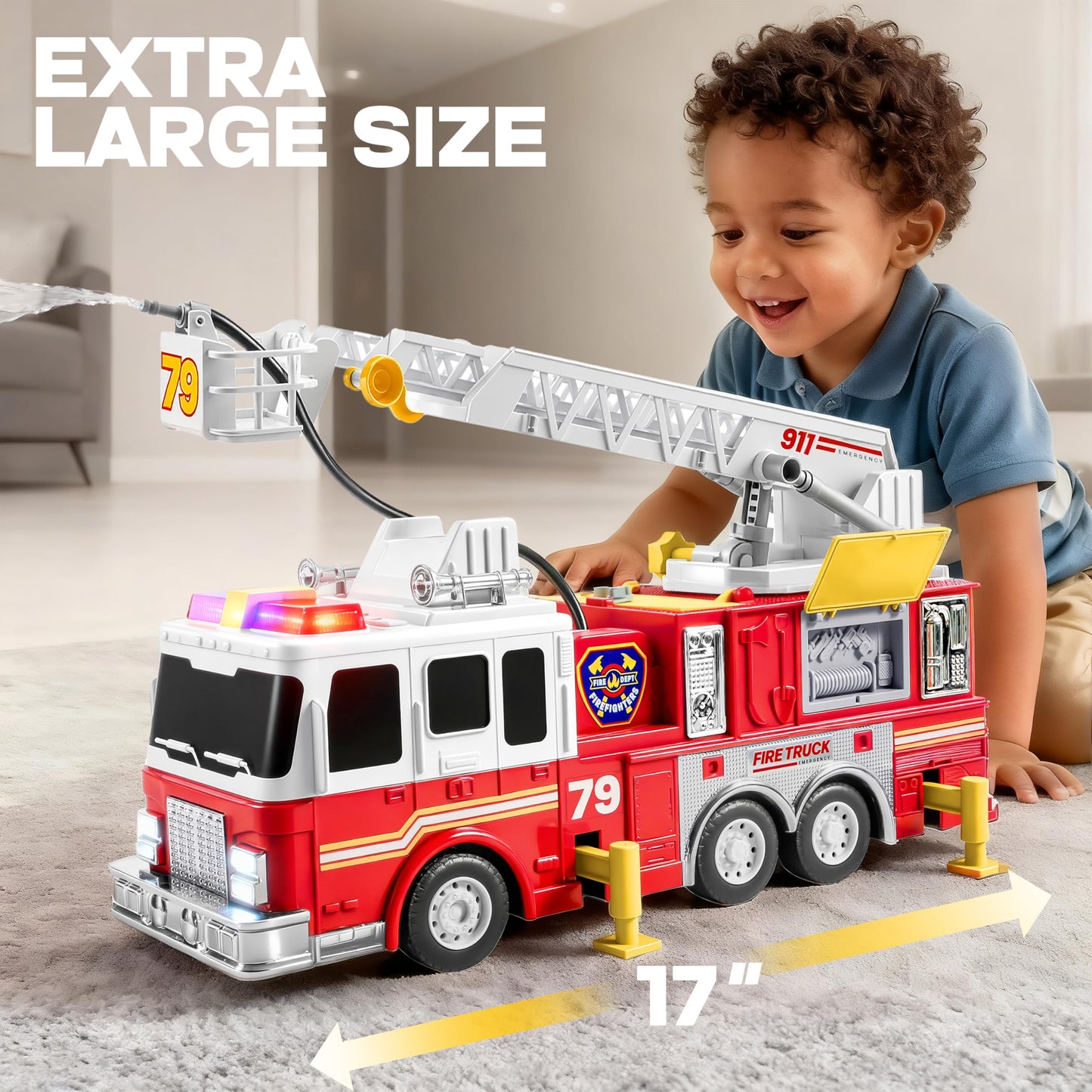 JOYIN Extra Large Toddler Fire Truck Toys for Boys with 33-inch Ladder, Lights & Sprinkler Pump, Big Emergency Vehicle, Kids Toys for Age 3, 4, 5, 6, 7, Christmas Birthday Gift for Grandkids