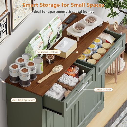 Double 10 Gallon Tilt Out Trash Can Cabinet with Deodorizing Function and Power Outlet, Wooden Hidden Garbage Can Holder with 2 Storage Drawers for Kitchen, Laundry Hamper Cabinet for Bathroom, Green