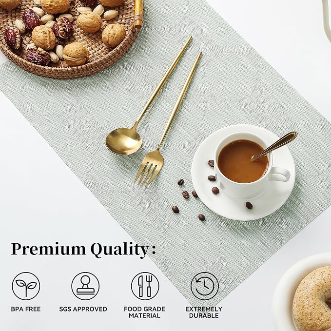 Leetaltree Mint Cream Placemats Set of 6 - Heat Resistant Non-Slip Place mats for Dining Table, Washable Durable PVC Vinyl Woven Table Mats（Mint Cream, 6）