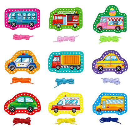 SpriteGru 9 Pieces Kids Lacing Cards, Double Sided Sewing Cards in 9 Vehicle Cards with 9 Colorful Laces, Imagination Development Lacing Toys Games for Children Educational and Learning Activity