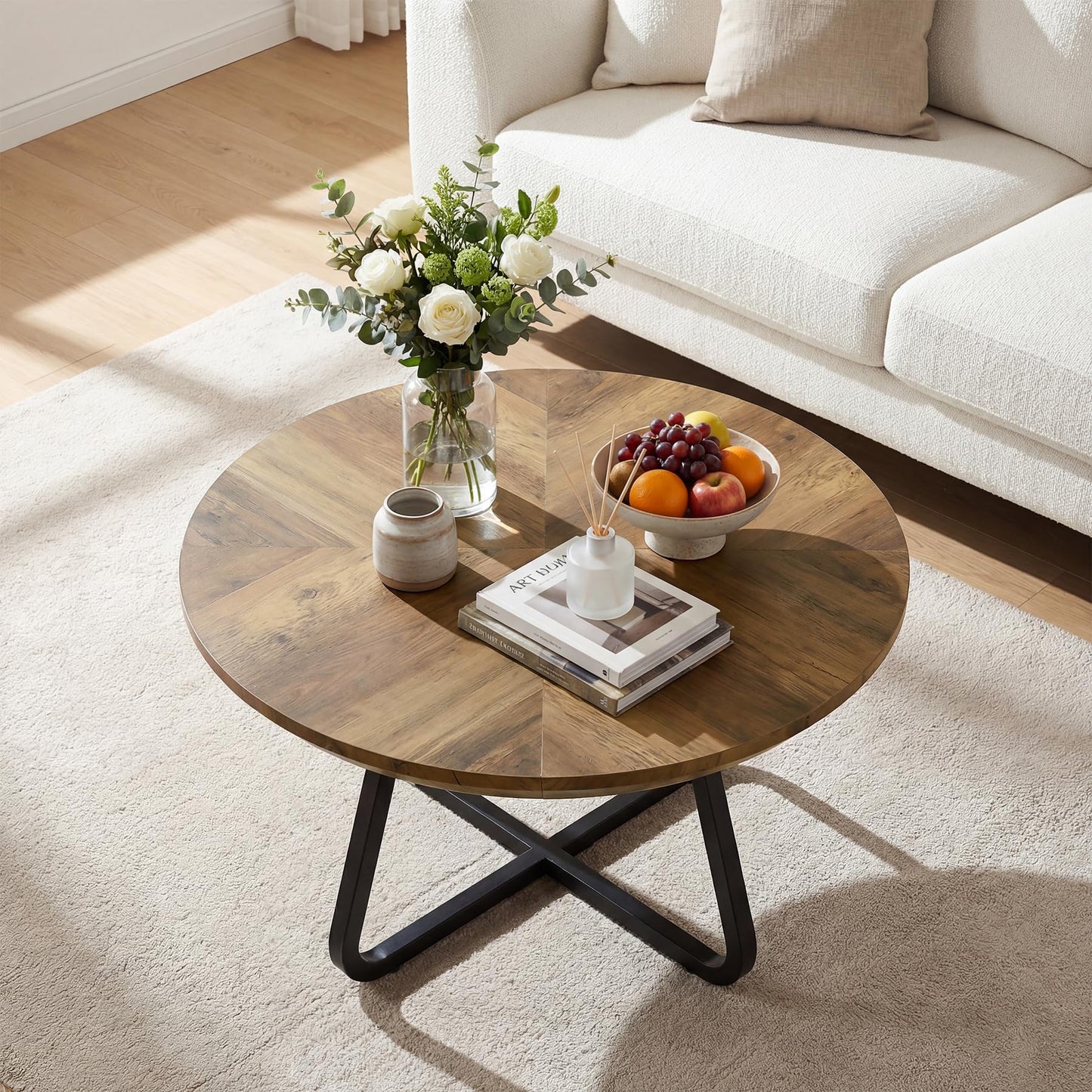 LITTLE TREE 31.5 Inches Round Coffee Table, Modern Wooden Center Table for Living Room, Home Office, Small Space, Easy Assembly, Rustic Brown