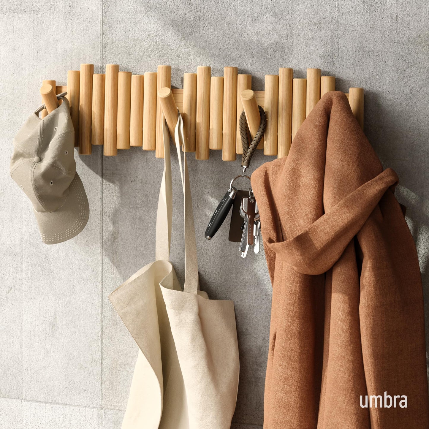 Umbra Picket Coat Rack with 8 Hooks – Natural Wall-Mounted Coat Rack with Flip-Down Wooden Hooks, Real Pine Wood Decorative Wall Storage for Jackets, Hats, Scarves, Bags, Entryway, Bedroom Living Room