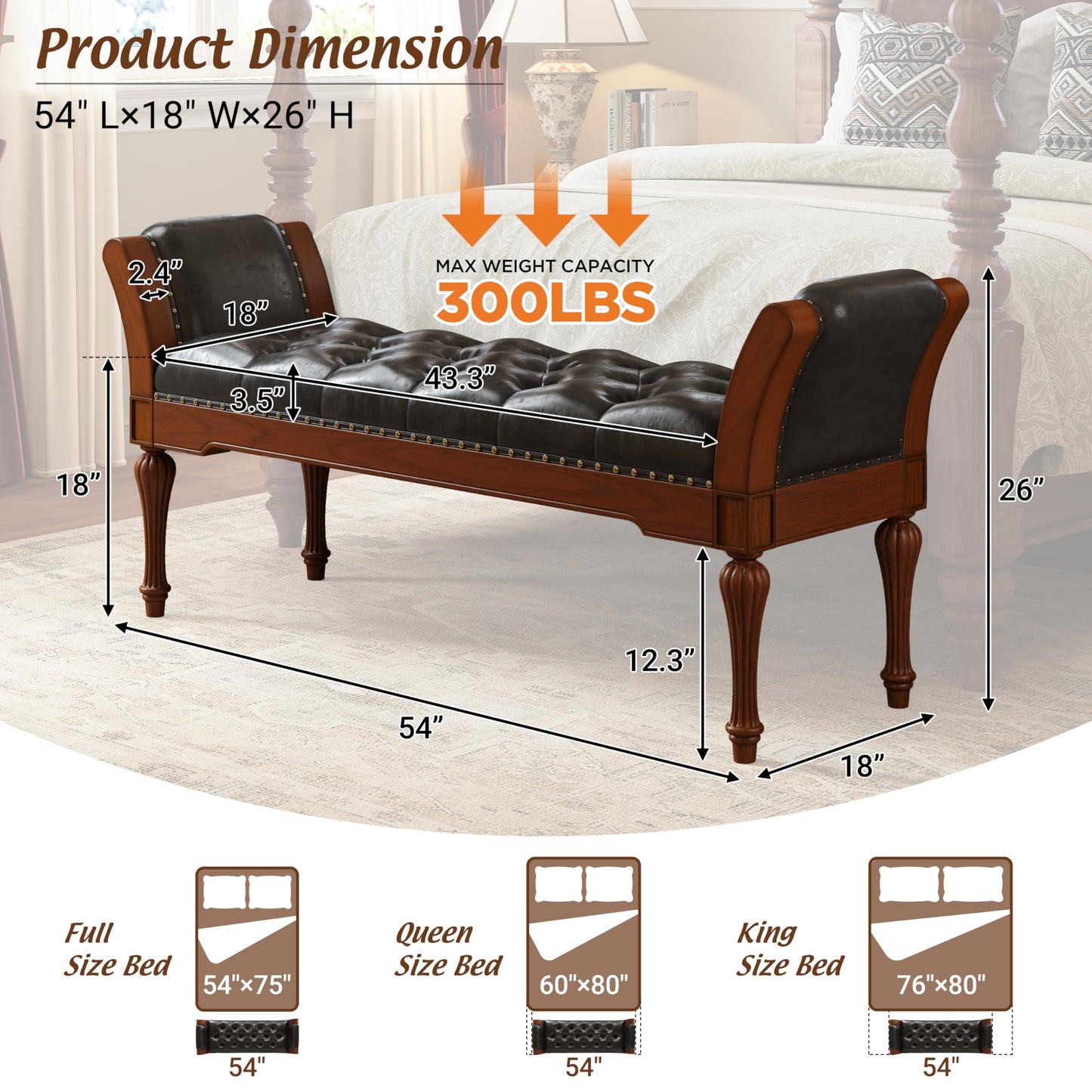 Christopher Knight Home Ionia 54'' Button-Tufted PU Leather Upholstered End of Bed Ottoman with Nailhead Trim, Wooden Living Room Ottoman Bench, Long Entryway Bench with Curved Armrest, Dark Brown