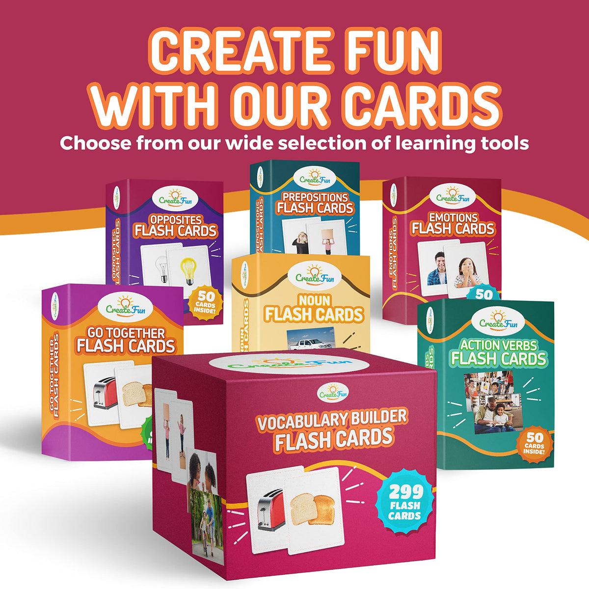 299 Vocabulary Builder Flash Cards, Educational Photo Cards for Home, Speech Therapy Materials, ESL Teaching Materials Includes Emotions, Matching Go Togethers, Nouns, Opposites, Prepositions, Verbs