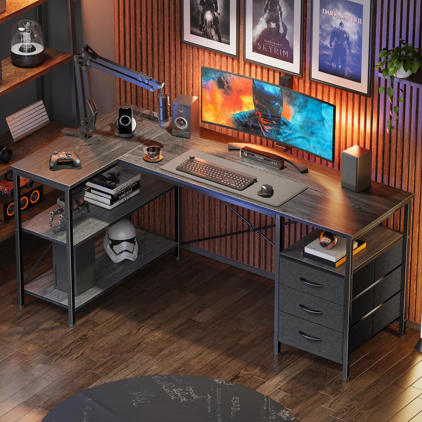 Huuger L Shaped Office Desk with Power Outlets, 55 Inch Computer Desk with 3 Drawers, Shelves, Reverisble for Gaming Corner Work Home Office Study, Grey