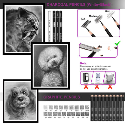 HIFORNY 58 PCS Drawing Kit Sketching Pencil Set,Sketch Pencils Art Supplies with 3-Color Sketchbook,Graphite,Charcoal,Blending Tools,Drawing Pencils for Adults Artists