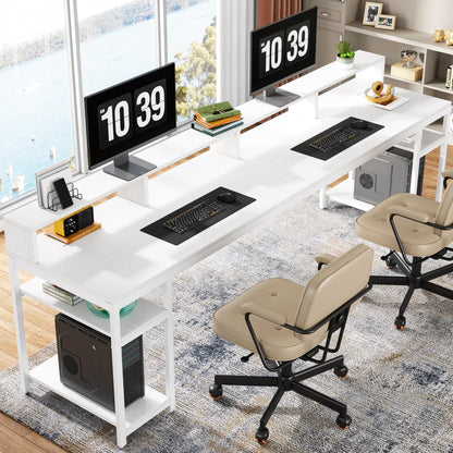Tribesigns Two Person Desk with Monitor Stand, 78.74" Long Double Computer Office Desk with Storage Shelves, Large Gaming Desk Study Writing Table Workstation for Home Office (White)