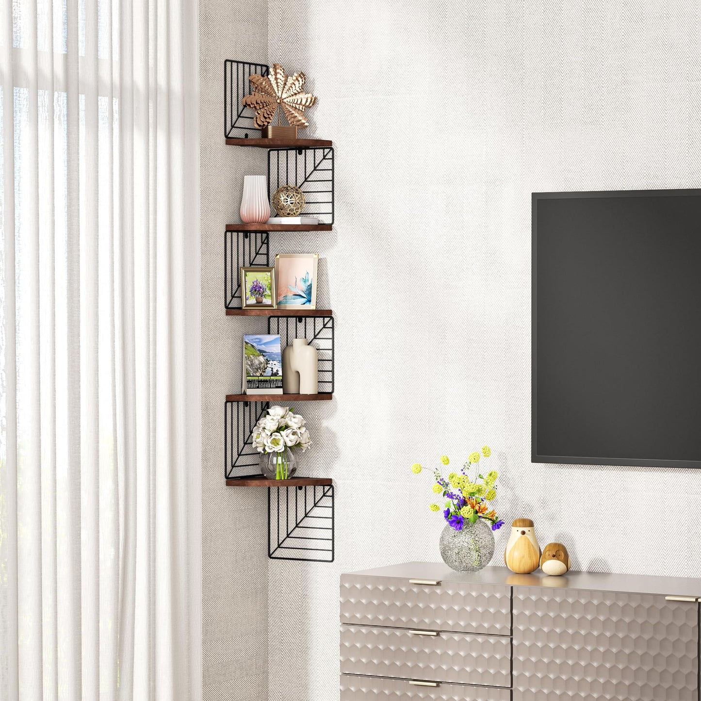 Love-KANKEI Corner Shelf Wall Mount of 5 Tier, Rustic Wood Floating Shelves Wall Shelves for Bedroom Living Room Bathroom Kitchen Office and More Dark Walnut