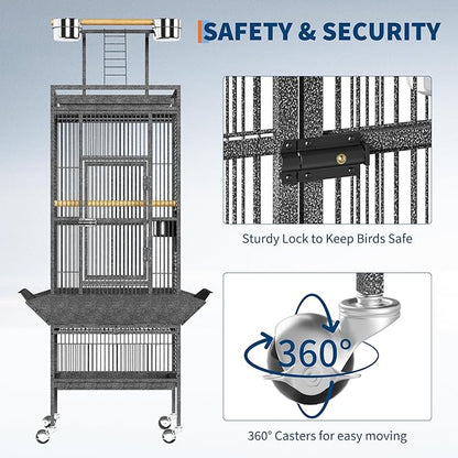 61" Extra Large Bird Cage with Play Top & Rolling Stand – Wide Metal Parrot Cage for Macaws, Cockatoos, Conures, Parakeets, Lovebirds – Includes Bowls