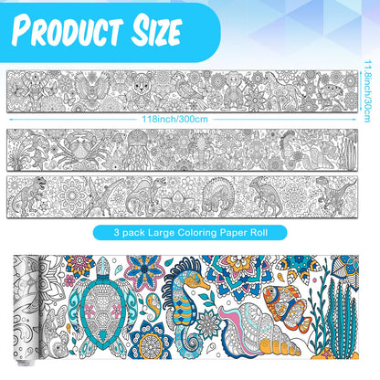 Pasimy 3 Pieces Giant Coloring Posters 11.8 x 118 Inch Mandala Animals Jumbo DIY Drawing Paper Large Coloring Sheets Pages Huge Mandala Drawing Banner for Adult Kid Home Classroom Activity(Animals)