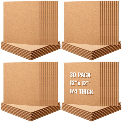 Kosiz 30 Pack Cork Board Square 12" x 12", 1/4" Thick Cork Board Tiles Bulk for Wall Self Adhesive Bulletin Corkboards Tiles Sheet for Wall School Office Home Decoration