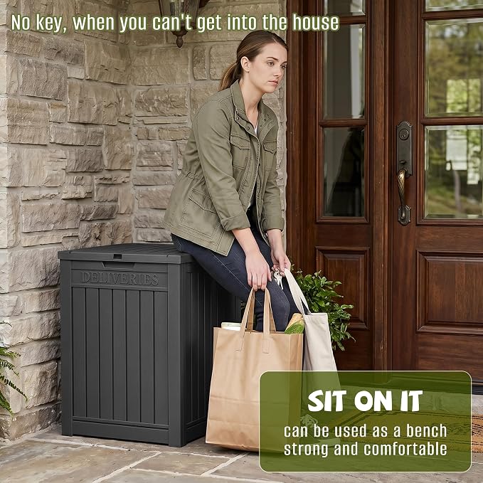 55 Gallon Package Delivery Boxes Outside Secure Waterproof Resin UV Resistant Lockable Mail Parcel Drop Mailbox Storage Deck Box for Outdoor Porch Patio Black