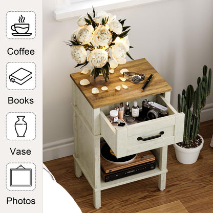 YAUKTAK White Farmhouse Nightstand with Drawer, Small Wooden Bedside Table, White End Table, Bedroom Side Table with Storage, Rustic Wood Night Stand LET512WR