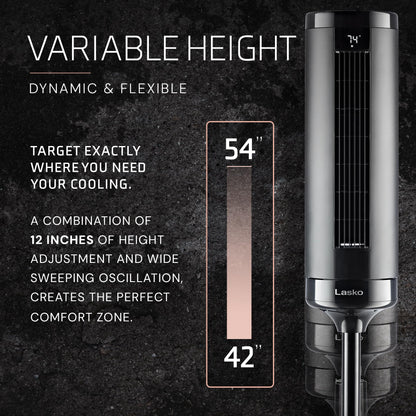 Lasko Elevation Adjustable Tower Fan 42”-54”, Pedestal Fan, 31 ft/s Airflow, Quiet 28 dB, 90° Oscillation, 12h Timer, Remote, Black, EST100