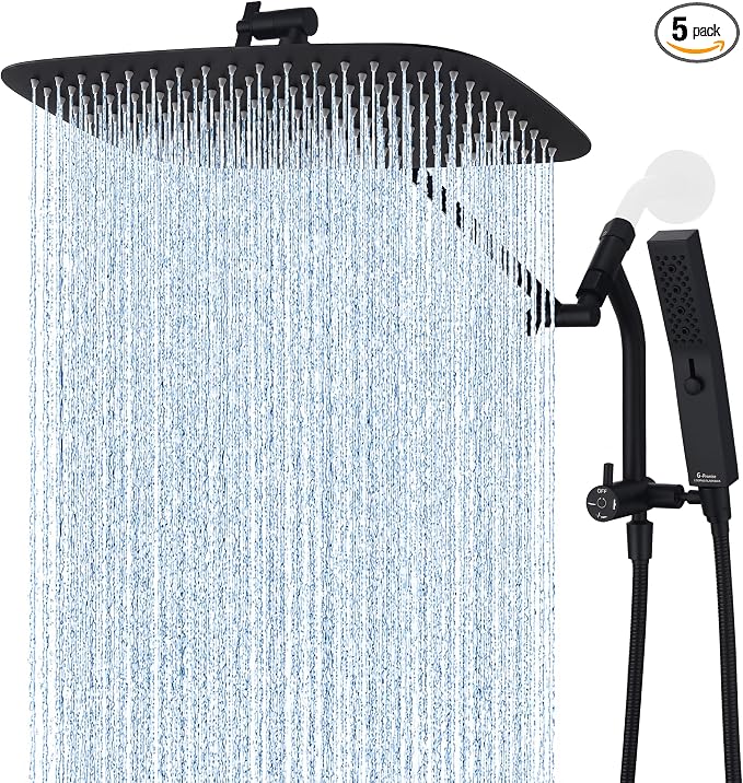G-Promise All Metal 14 Inch Rain Shower Head with Massage Mode Handheld Spray Combo, 3-Way Diverter with Pause Setting, Full Body Coverage, Modern Bathroom Upgrade (Matte Black)