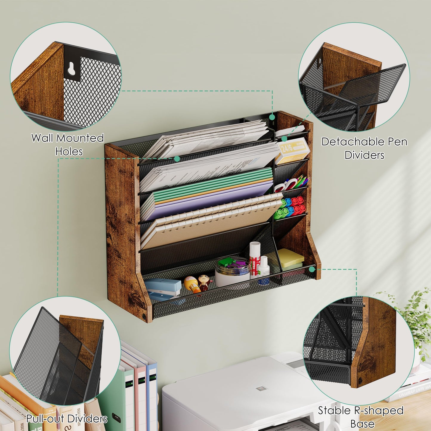 Jakyitvi Wall Desk File Organizer 5 Tiers, Ironwood Hanging File Organizer with R-shaped Tray, Wall File Holder for Office Home, 4 Pull-Out Divider and Pen Slots to Sort File,Mail,Newspaper,Pen, Brown