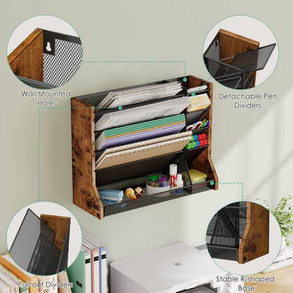 Jakyitvi Wall Desk File Organizer 5 Tiers, Ironwood Hanging File Organizer with R-shaped Tray, Wall File Holder for Office Home, 4 Pull-Out Divider and Pen Slots to Sort File,Mail,Newspaper,Pen, Brown