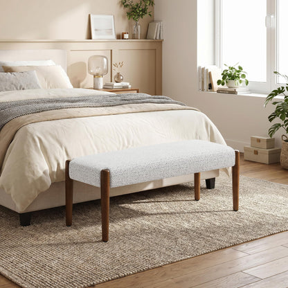 Usaint 42" End of Bed Bench, Modern Upholstered Bedroom Bench with Rubberwood Legs, Entryway Bench with Cushion, Dining Bench for Living Room, Bedroom, Heathered Off-White with Walnut Leg