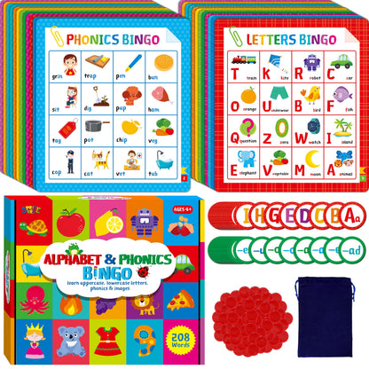 Alphabet & Phonics Bingo Game, 12 Bingo Boards ABC Letters, CVC Blends Words Phonetic Game, Letters Phonetic Awareness Early Educational Learning Toys - Ages 4 and up, Perfect for Classroom & At Home