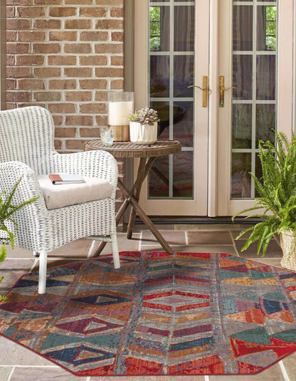 Unique Loom Outdoor Modern Collection Area Rug - Tamarindo (4' 1" Octagon Multi/Burgundy)