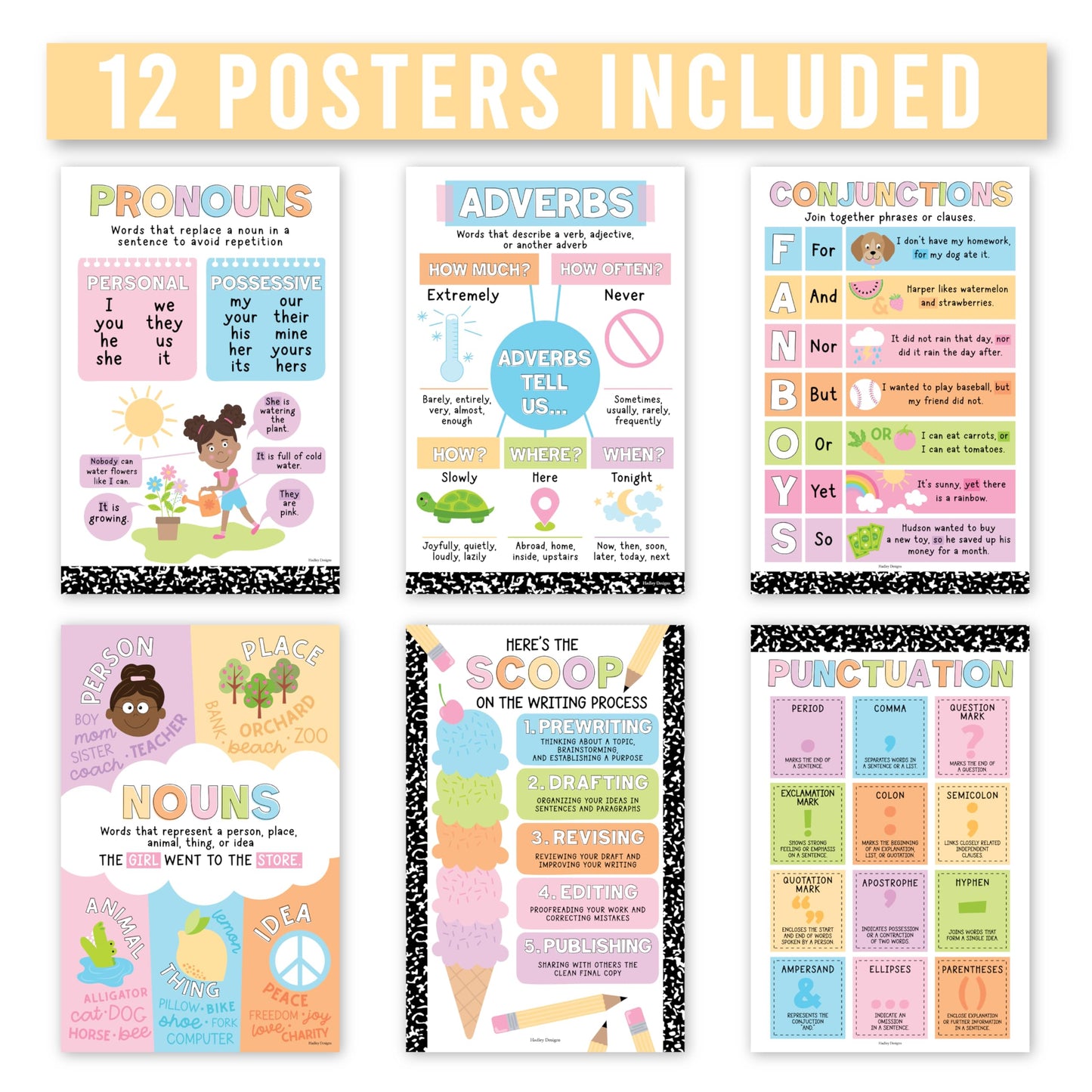 Parts of Speech Posters for Classroom Must Haves - 12 Grammar Posters, Writing Process for Homeschool, Elementary & Middle School, ELA 3rd 4th & 5th Grade Teacher Must Haves, Pastel Classroom Decor