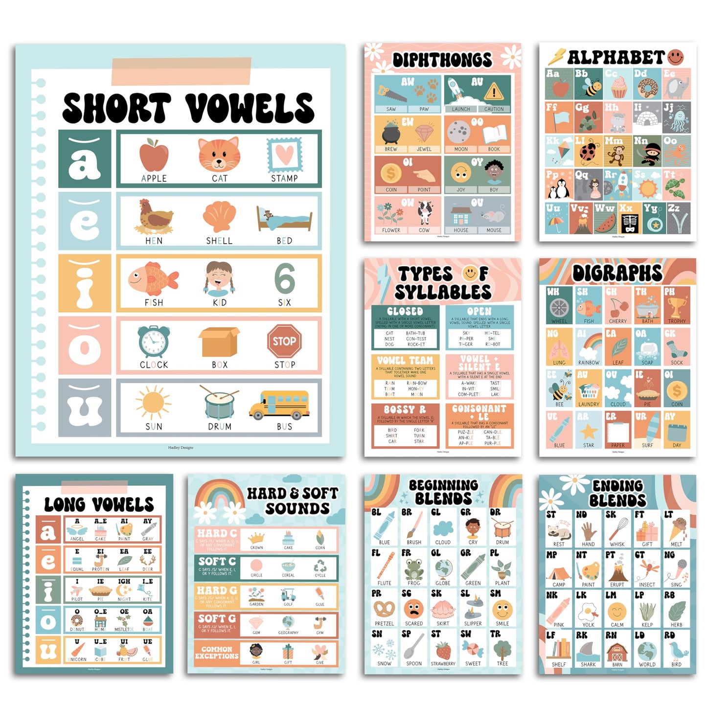 Hadley Designs Phonics Posters for Classroom Must Haves - 9 Sound Wall for Kindergarten & Elementary Teacher Supplies, Syllable, Vowels, Digraphs & Blends Bulletin Board Set, Retro Classrom Decor