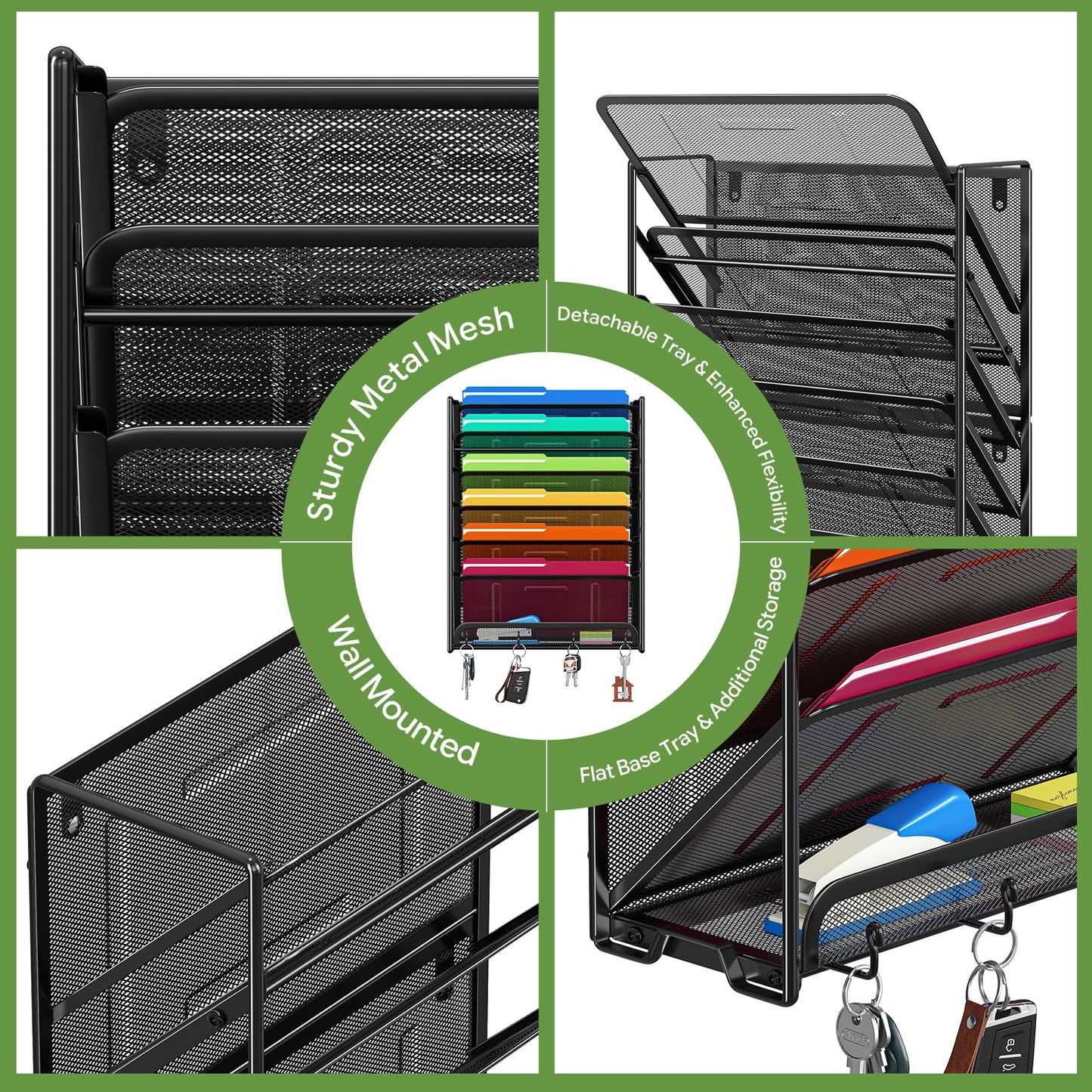 Ekisemio 7-Tier Wall File Organizer, Hanging Mesh File Holder with 4 Hooks, Sturdy Metal File Rack for Desk or Wall, Home Office Storage, Black