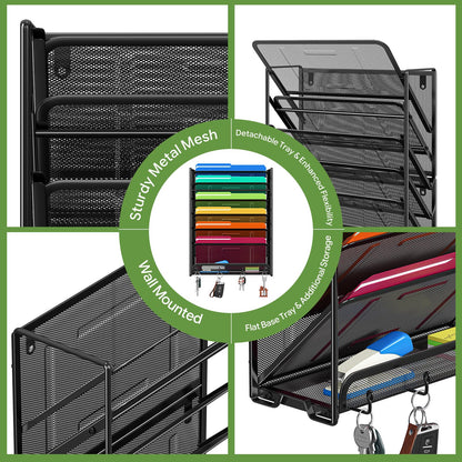 Ekisemio 7-Tier Wall File Organizer, Hanging Mesh File Holder with 4 Hooks, Sturdy Metal File Rack for Desk or Wall, Home Office Storage, Black