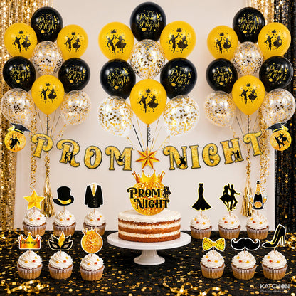 KatchOn, Prom Night Decorations 2026 - Black and Gold Balloons, Pack of 31 | Prom Night Banner, Latex Balloons and Cupcake Toppers | Black and Gold Prom Decorations, Prom Party Supplies