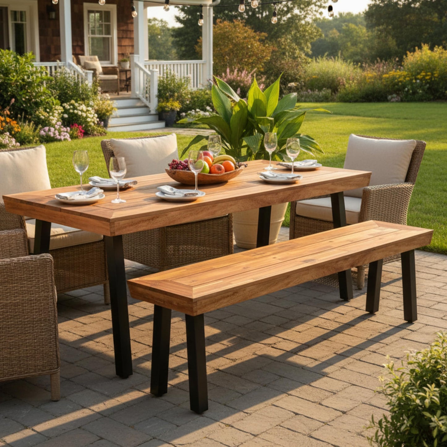 Tangkula Outdoor Acacia Wood Bench, Patio Dining Picnic Bench with Steel Legs for Porch Garden Poolside Living Room Balcony, Ideal for Indoor & Outdoor Use (1, Teak)