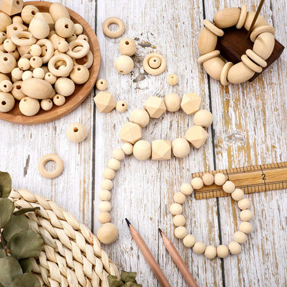 200 Pcs Natural Wood Beads Bulk 4 Styles Round Wood Hexagon Polygon Wooden Bird Spacer Unfinished Geometric Beads for DIY Crafts Garland Jewelry