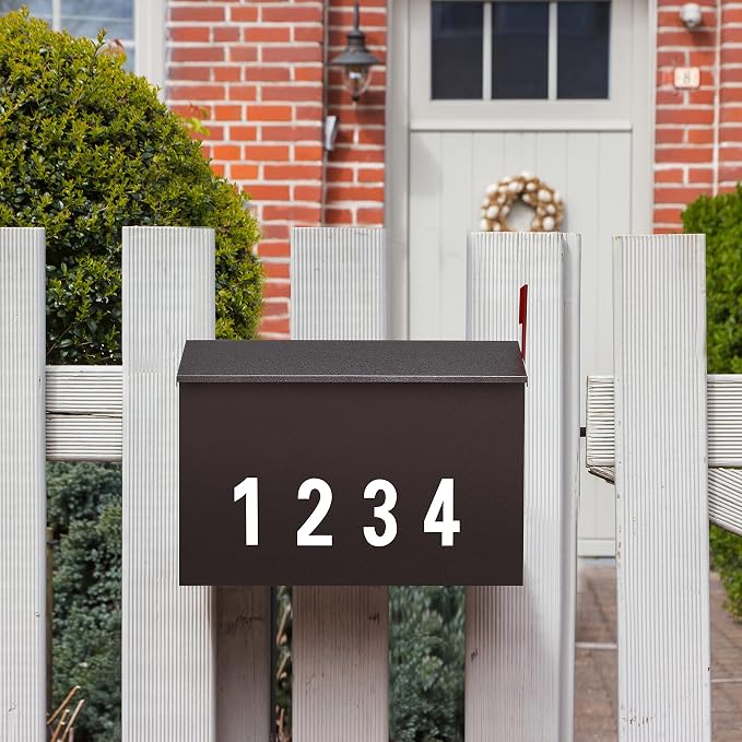 LAND·VOI Wall-Mount Mailbox with One Flag Kit and Three Sets of 0-9 Mailbox Number Stickers, Galvanized Steel Rust-Proof Metal Post Box, Mailboxes for Outside, 4.33" Dx14.2 Wx10.43 H, Bronze