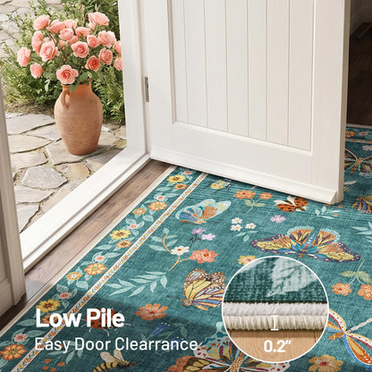 AIMPEAK Insect Washable Rugs 8x10 Teal, Soft Butterfly 8x10 Area Rugs for Living Room Indoor, Non Slip Bug Bedroom Rug Under Bed Thin Large Carpet with Flowers for Dining Room Office Playroom