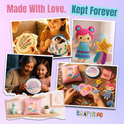 CRAFTILOO 2 in1 Cross Stitch & Embroidery Kit for Kids Ages 6+ Make 8 Projects Backpack Charms, Keyring, Doll, Wall Art, Unicorn Pillow & Card Holder Beginner Needlepoint & Creative Gift Set