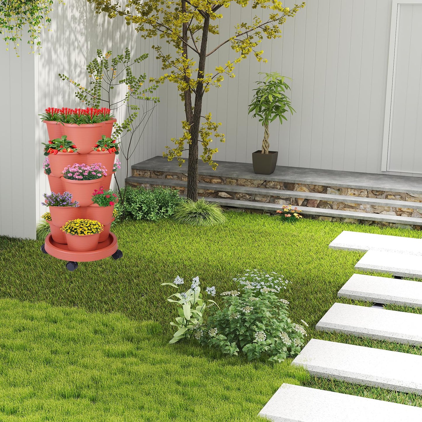 Pinky Family 5-Tier Vertical Garden Tower Stackable Planter for Strawberries, Flowers, Vegetables & Herbs(Indoor & Outdoor)