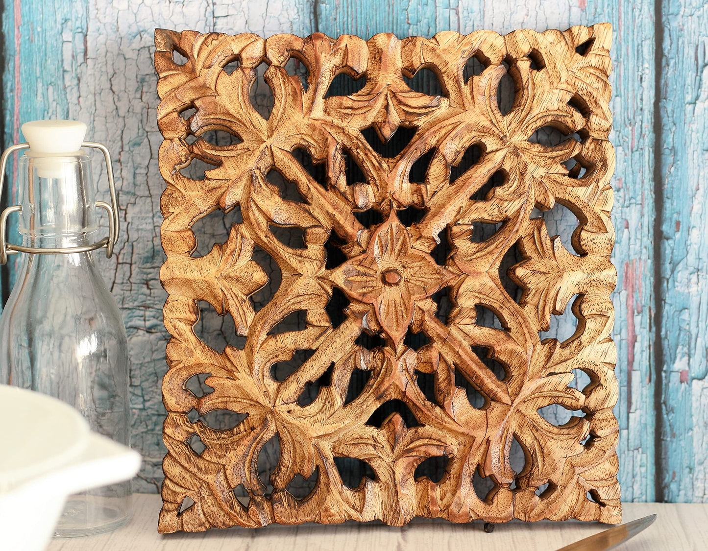 Wooden Set of 2 Mandala Design Trivet for Hot Dishes Plates & Pots Holder Hot Pad for Kitchen & Dining Table Décor Cookware Heat Resistant Rustic Decorative Carvings 8 Inches (Design1)