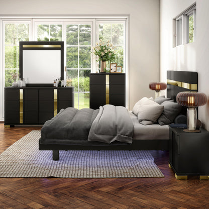 Furniture of America Ansten Modern Wood 6-Piece Platform Bedroom Set with Gold Trim, Underbed LED, Dust Proof Cases, Bracketed Metal Legs, No Box Spring Needed, King, Black