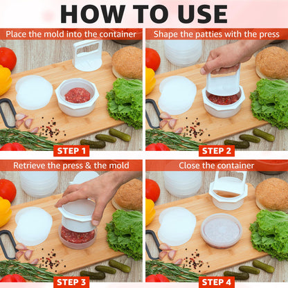 Mission Gallery Hamburger Press Patty Maker - 4 in1, Burger Mold, Patty Press, 7 Storage Containers, 100 Round Papers - Hamburger Patty Maker Tool for BBQ - Burger Shaper for Meat, Veggie Patties