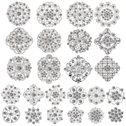 Hiceeden Lot 24 Pcs Crystal Brooches Pins, Silver Shining Clear Rhinestone Brooches Flower Jewelry Bridal Wedding Bouquet Kit Gift for Girls, Women, DIY Decoration
