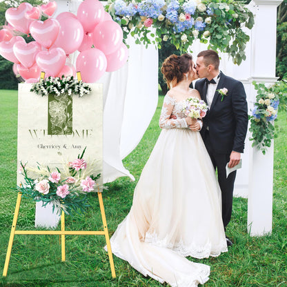 Gold Metal Easel Stand for Sign,Heavy Duty Art Easel with Adjustable Chain,Tripod Structure,4-Level Height—Easels for Wedding Welcome Sign Holder,Baby Shower Poster,Birthday Party,Posters