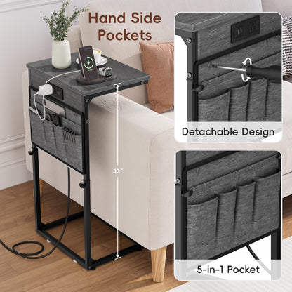 Vagusicc C Shaped End Table with Charging Station, 33" Tall Side Table for Couch, Sofa Table Adjustable Height Couch Side C Table, Slide Under Sofa Tray Table for Living Room Bedroom, Gray Walnut