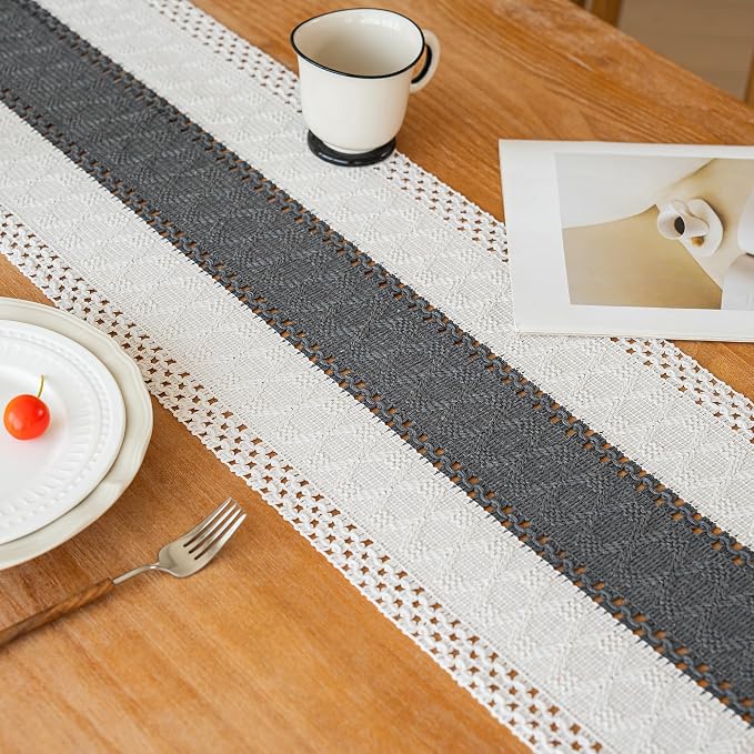 FEXIA Boho Table Runner for Summer Home Decor with Tassels 90 Inches Long Farmhouse Grey Rustic Burlap Table Runner Macrame Table Decoration for Kitchen Bedroom Living Room (12x90 Inches)