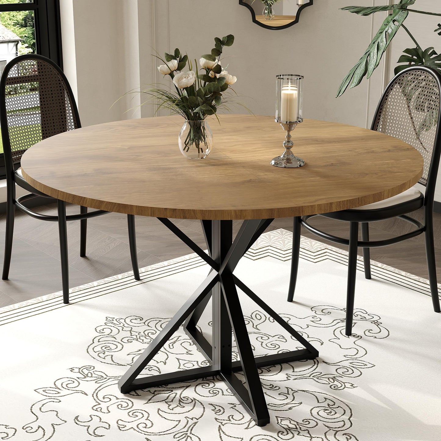 GarveeHome 47 Inch Round Dining Table for 4, Circle Kitchen Table with Pedestal Base, Farmhouse Wooden Dining Table for Small Spaces, Kitchen & Dining Room, Living Room（Brown/Only Table）