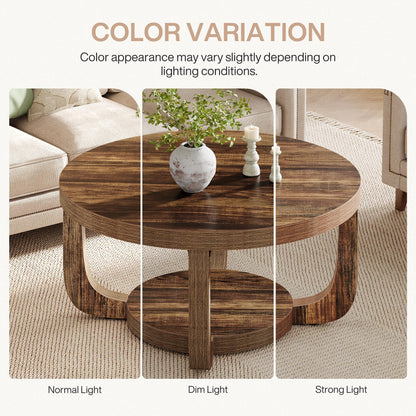 Tribesigns Round Coffee Table, 2-Tier Circle Coffee Table with Storage, Modern Wooden Accent Center Table for Living Room, Thick Tabletop & Base, Dark Brown