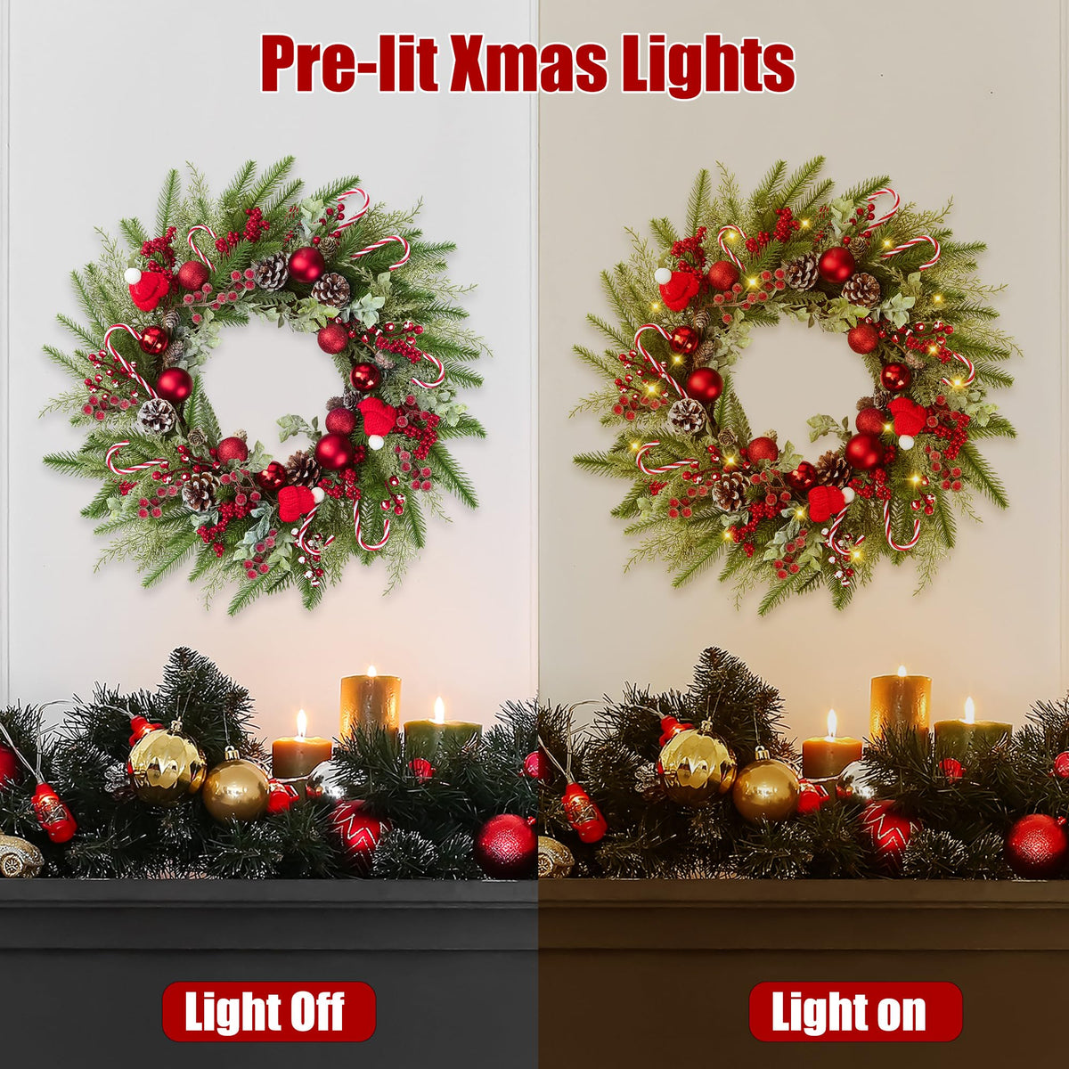 22’’ Artificial Christmas Wreath for Front Door with Red Balls Candy Canes Pine Needles Red Berries Pine Cones Christmas Decorations for Winter Wall Outdoor Home Holiday Xmas Decor