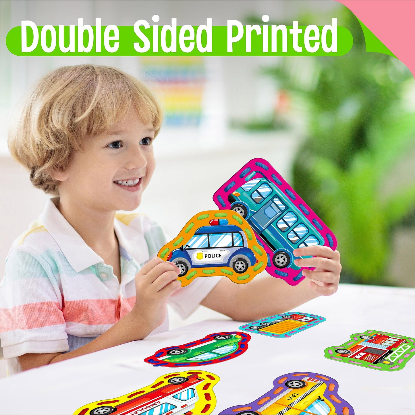 SpriteGru 9 Pieces Kids Lacing Cards, Double Sided Sewing Cards in 9 Vehicle Cards with 9 Colorful Laces, Imagination Development Lacing Toys Games for Children Educational and Learning Activity
