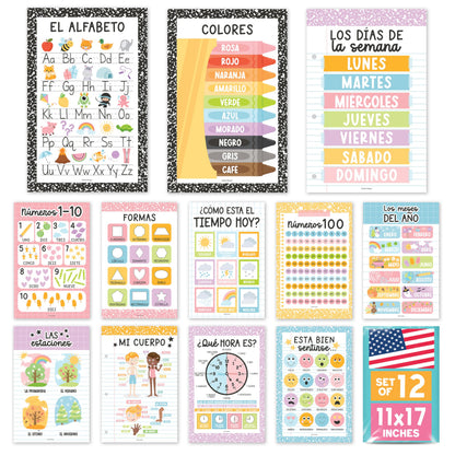 Hadley Designs Spanish Posters for Classroom - 12 Bilingual Educational Posters for Spanish Classroom Decorations Must Haves, Calendario y Alfabeto en Español Para la Pared, Pastel Teacher Supplies