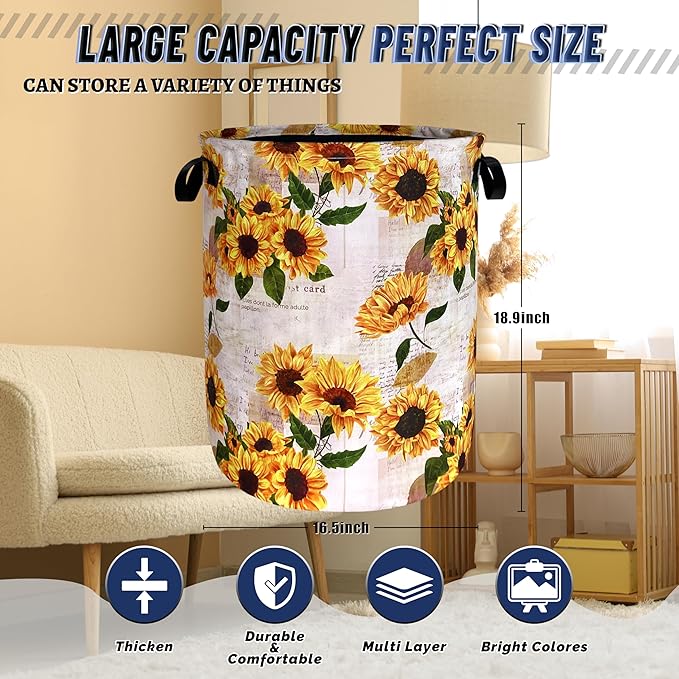 Vintage Sunflowers Laundry Basket Oxford Cloth Foldable Yellow Floral Laundry