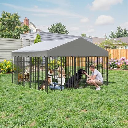 Gotland Dog Kennel Outdoor 10 x10 x6 FT, Dog Cage Outdoor for Medium/Large Dogs with Feeding Door Waterproof Roof Double Secure Locks Ground Spikes, All Weather Heavy Duty Dog Enclosure for Backyard